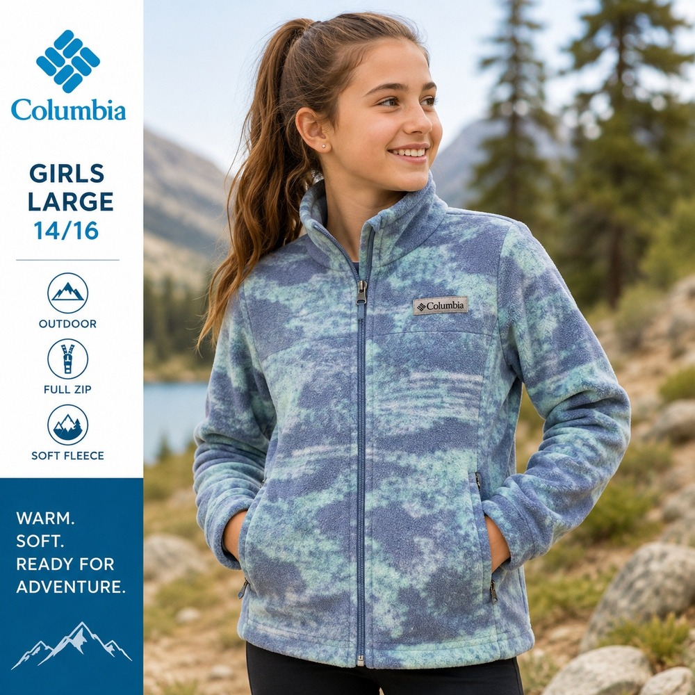 Columbia Fleece Jacket Girls 14/16 Blue Marble Full Zip Outdoor Layering School